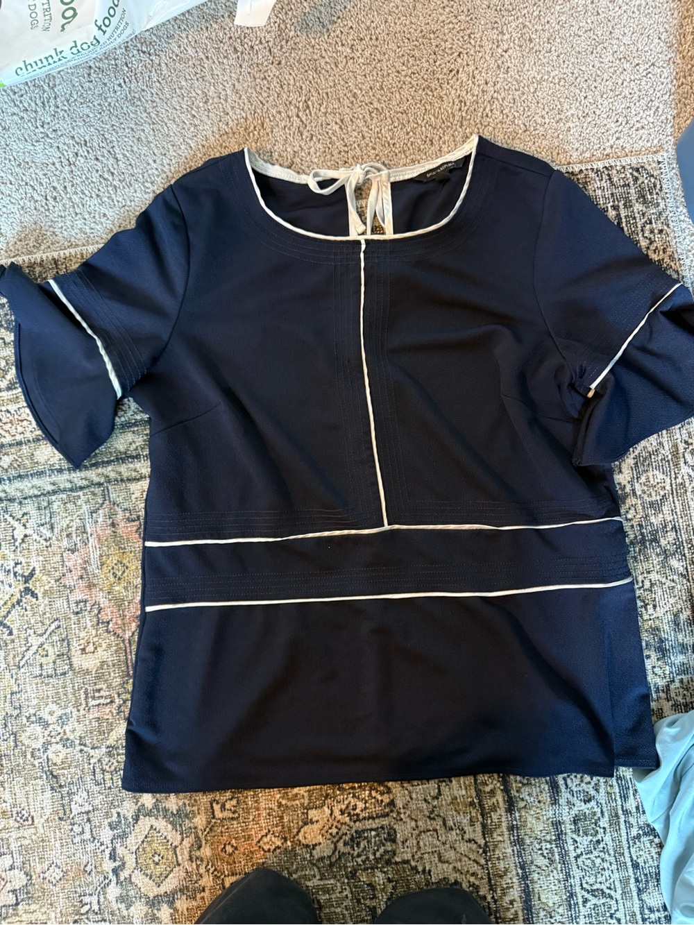 Navy Blue Short Sleeve Blouse with White Piping